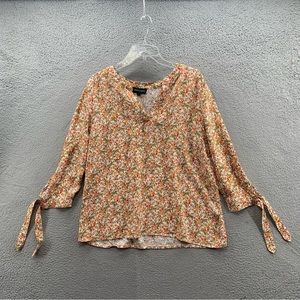 Cynthia Rowley Women’s L Top Blouse Floral V Neck 3/4 Tie Sleeve Popover Yellow